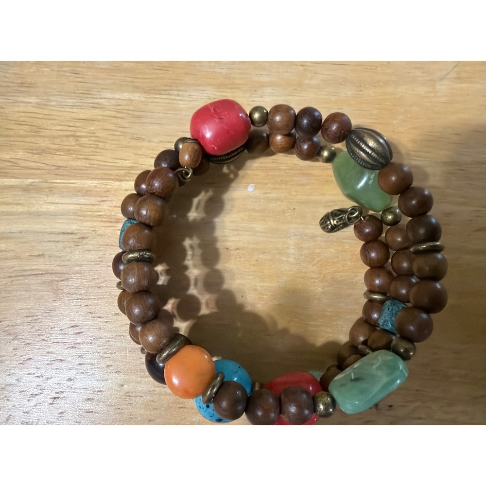 Boho Multi Strand Wood‎ and Colorful Chunky Bead Wrap Bracelet Layering - Picture 3 of 6